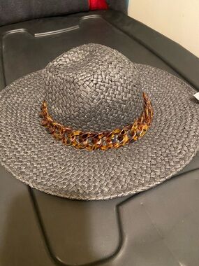 Black Wide-Brim Straw Hat with Tortoiseshell Chain Trim